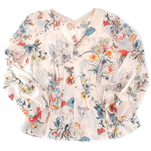 Rebecca Taylor 100%Silk Long Tie Sleeve Meadow Floral Top Pink Combo V-neck 2 - Picture 7 of 15